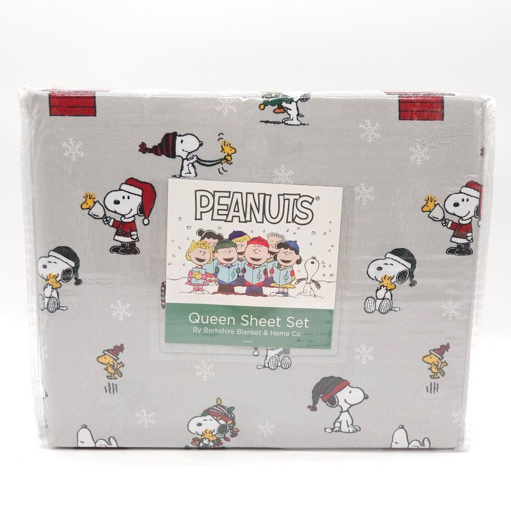 Berkshire Peanuts Snoopy Woodstock Christmas Holiday‎ Queen Sheet Set Gray New